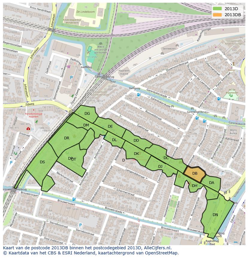 Afbeelding van het postcodegebied 2013 DB op de kaart.