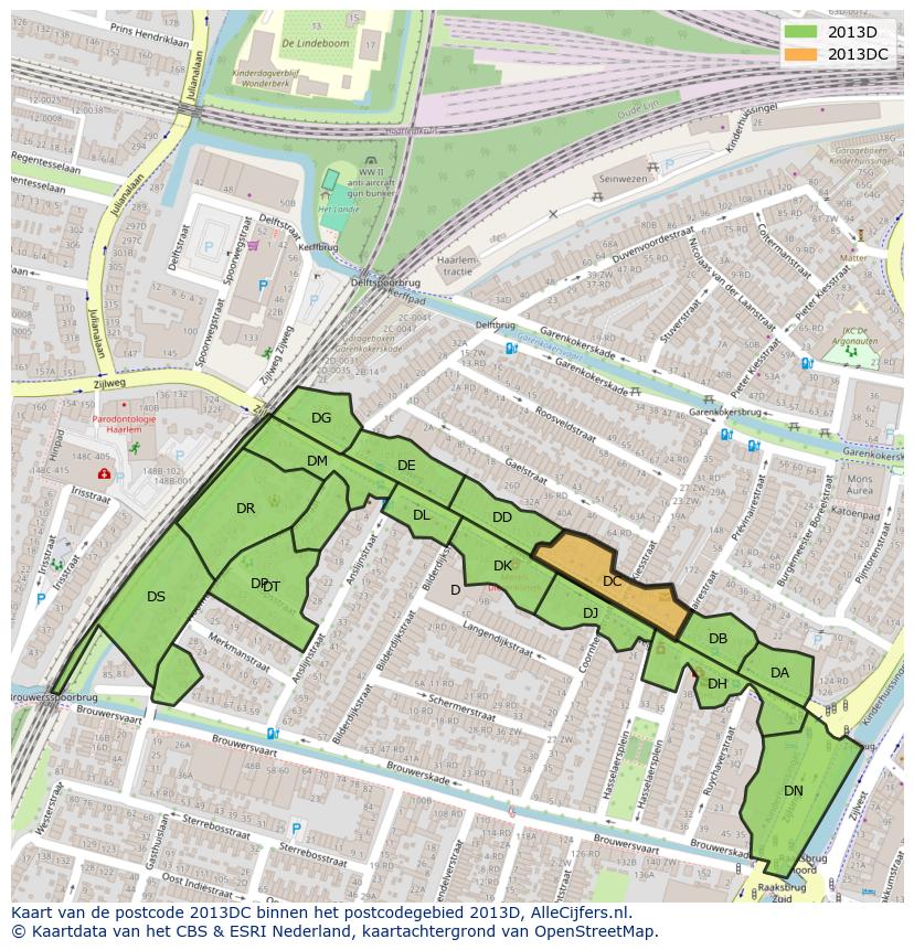 Afbeelding van het postcodegebied 2013 DC op de kaart.