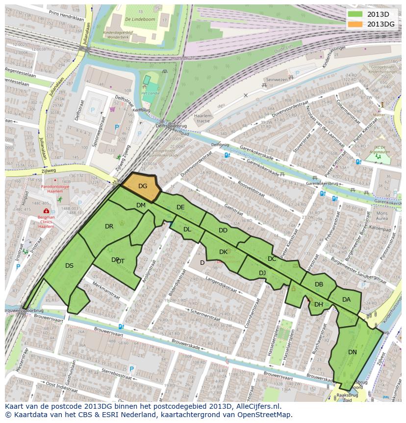 Afbeelding van het postcodegebied 2013 DG op de kaart.