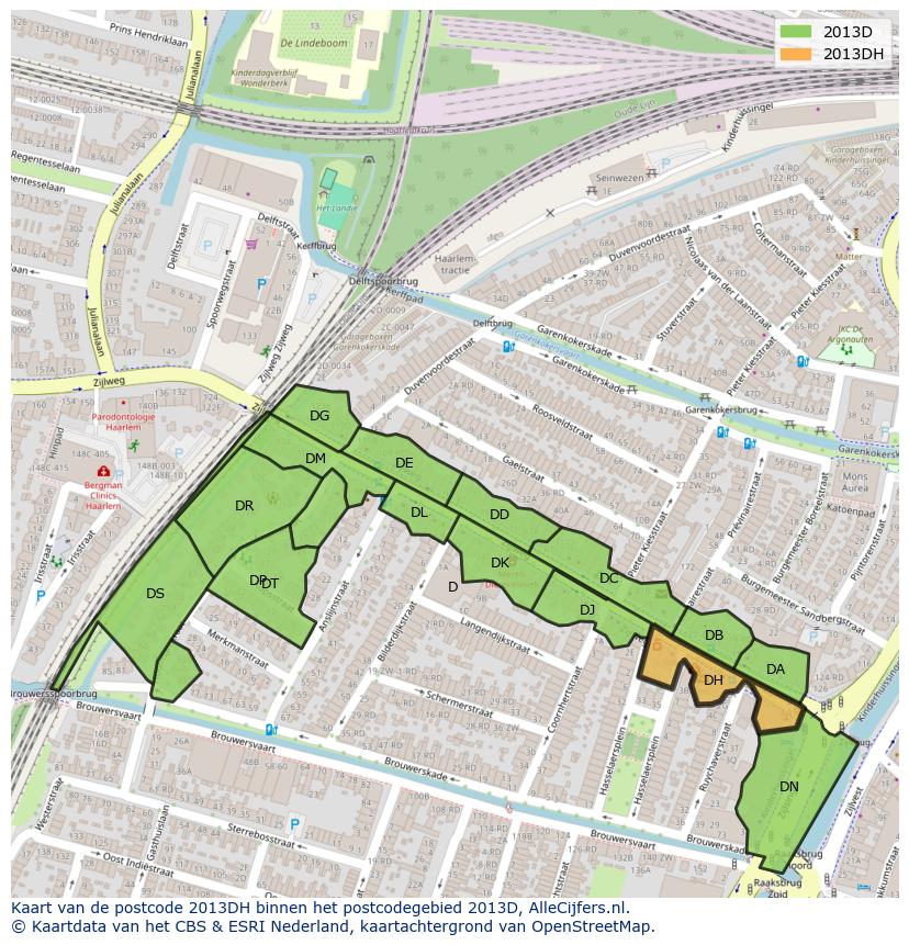 Afbeelding van het postcodegebied 2013 DH op de kaart.