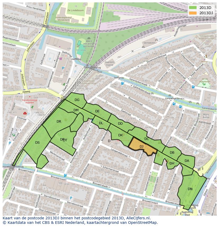 Afbeelding van het postcodegebied 2013 DJ op de kaart.
