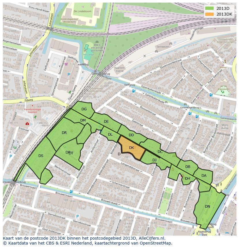 Afbeelding van het postcodegebied 2013 DK op de kaart.