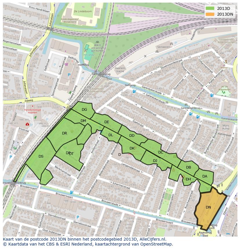 Afbeelding van het postcodegebied 2013 DN op de kaart.