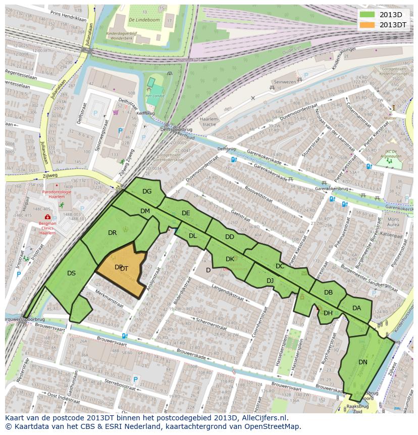 Afbeelding van het postcodegebied 2013 DT op de kaart.