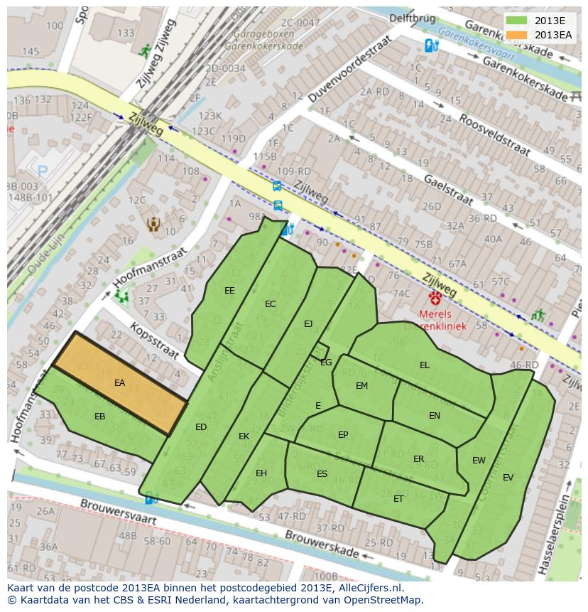 Afbeelding van het postcodegebied 2013 EA op de kaart.