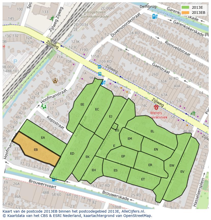 Afbeelding van het postcodegebied 2013 EB op de kaart.