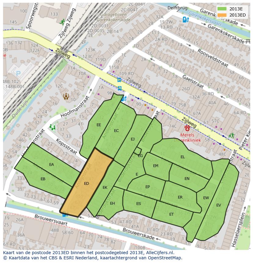 Afbeelding van het postcodegebied 2013 ED op de kaart.