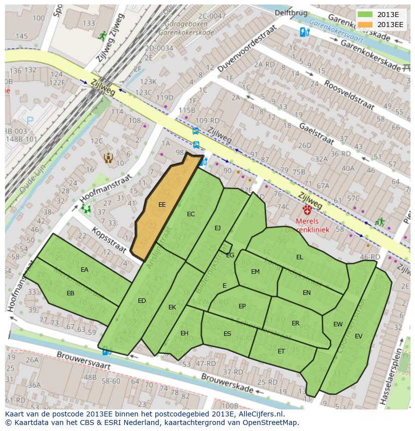 Afbeelding van het postcodegebied 2013 EE op de kaart.