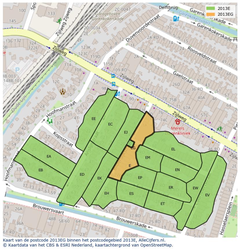 Afbeelding van het postcodegebied 2013 EG op de kaart.