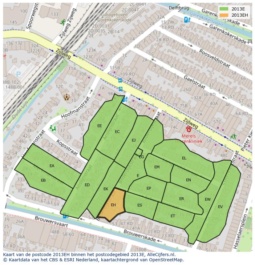 Afbeelding van het postcodegebied 2013 EH op de kaart.