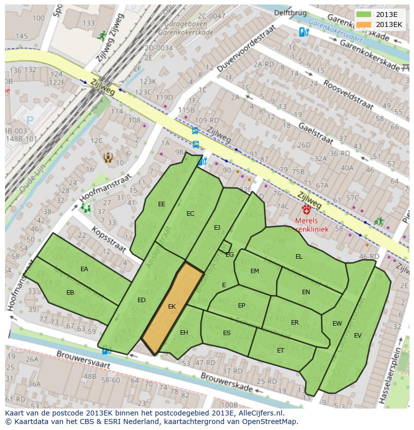 Afbeelding van het postcodegebied 2013 EK op de kaart.