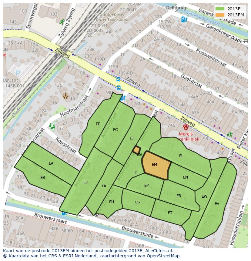 Afbeelding van het postcodegebied 2013 EM op de kaart.
