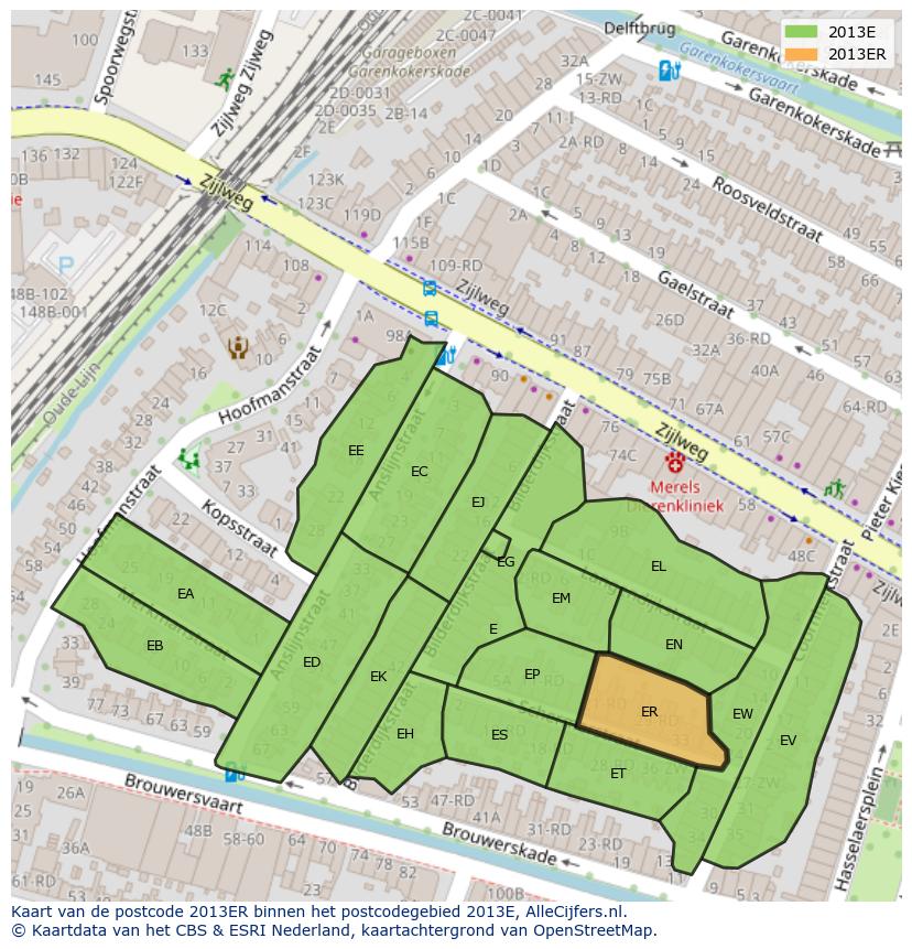 Afbeelding van het postcodegebied 2013 ER op de kaart.