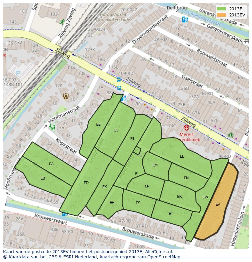 Afbeelding van het postcodegebied 2013 EV op de kaart.