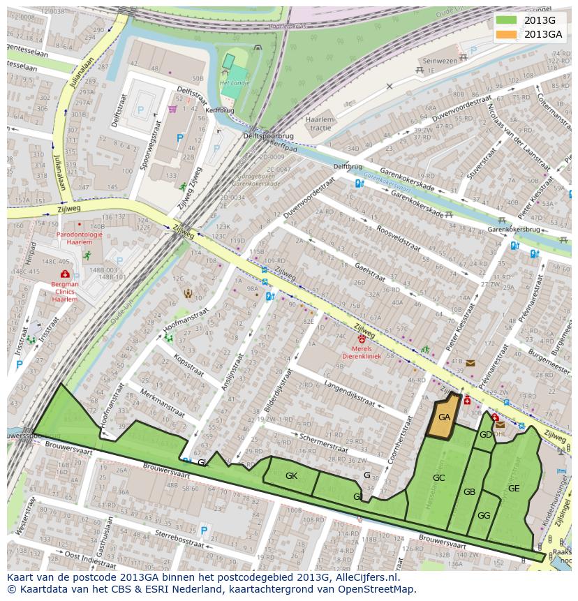 Afbeelding van het postcodegebied 2013 GA op de kaart.