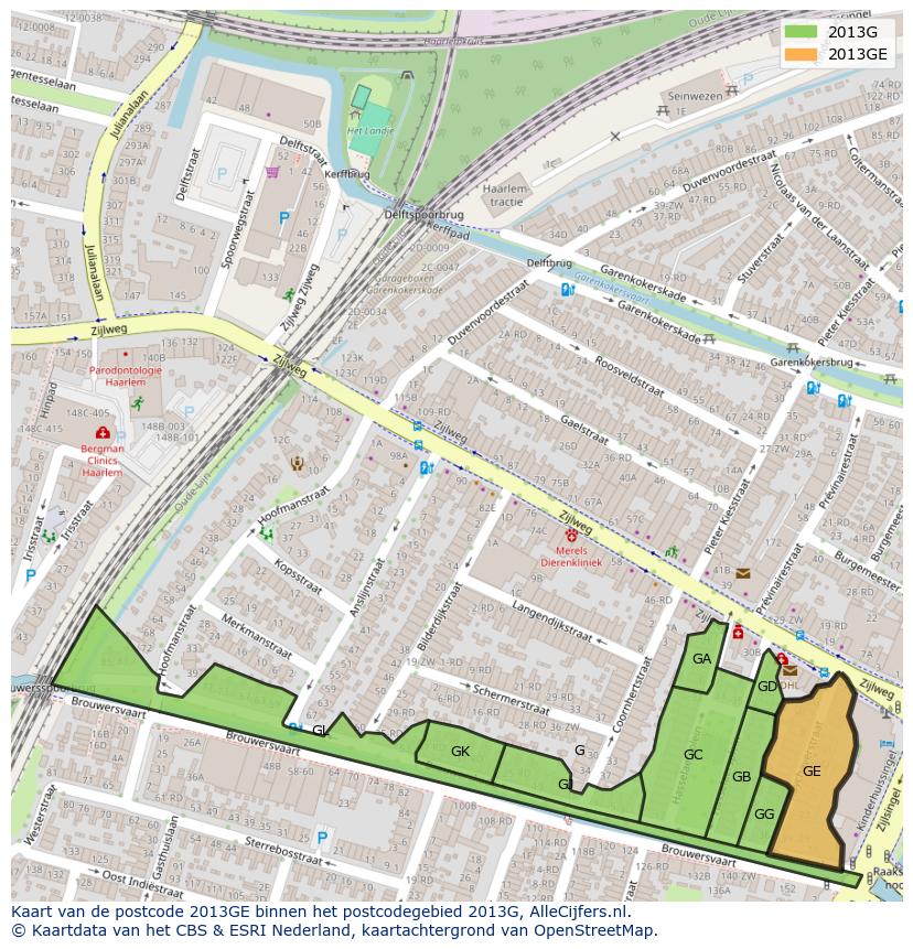 Afbeelding van het postcodegebied 2013 GE op de kaart.