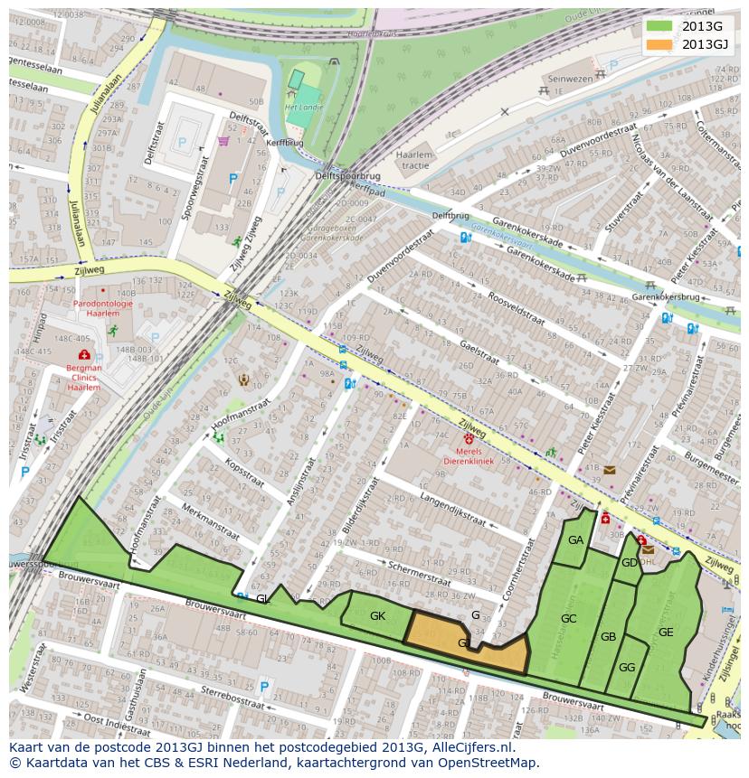 Afbeelding van het postcodegebied 2013 GJ op de kaart.