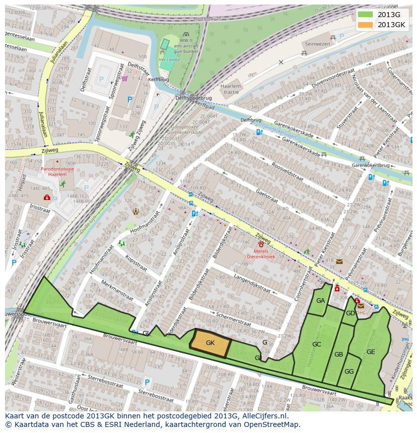 Afbeelding van het postcodegebied 2013 GK op de kaart.