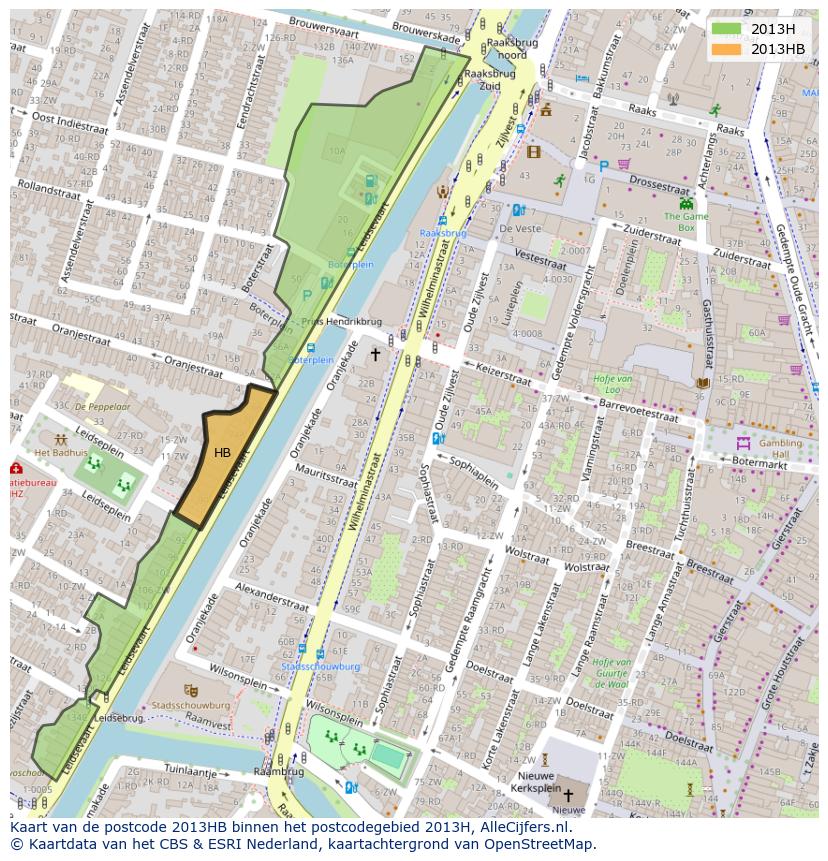 Afbeelding van het postcodegebied 2013 HB op de kaart.