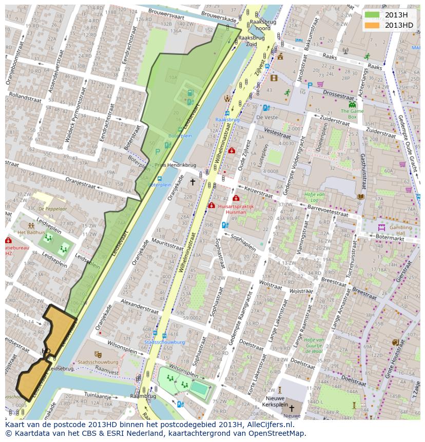 Afbeelding van het postcodegebied 2013 HD op de kaart.
