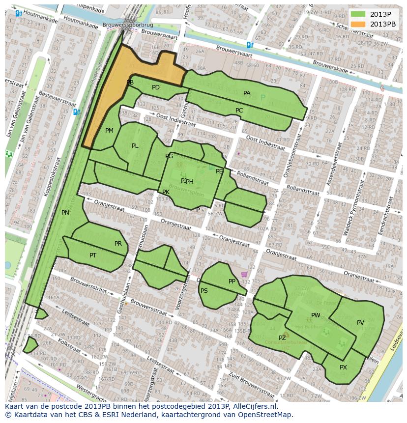 Afbeelding van het postcodegebied 2013 PB op de kaart.