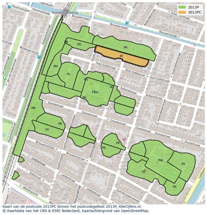 Afbeelding van het postcodegebied 2013 PC op de kaart.