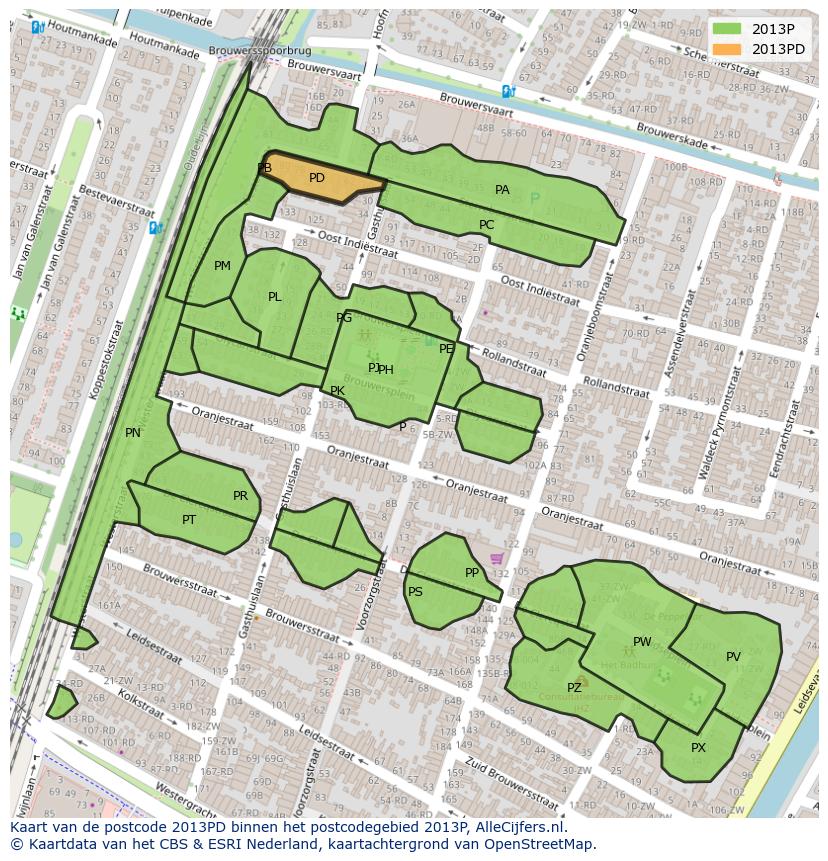 Afbeelding van het postcodegebied 2013 PD op de kaart.