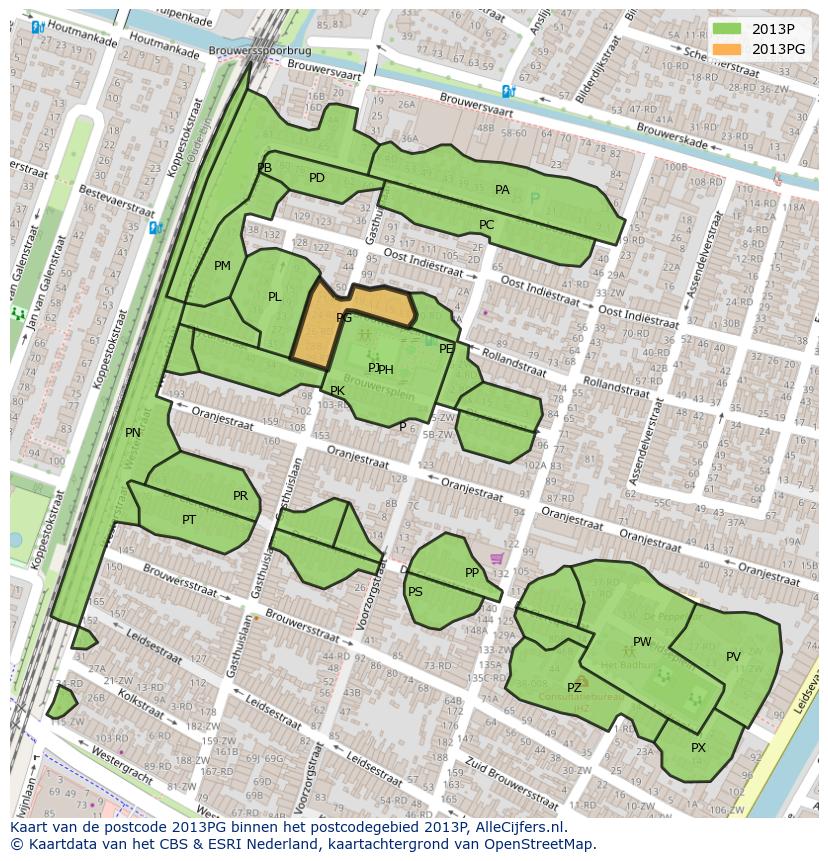 Afbeelding van het postcodegebied 2013 PG op de kaart.