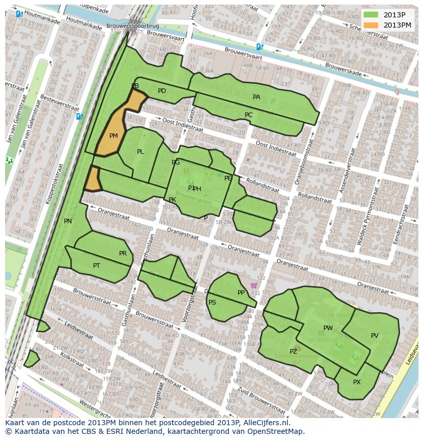 Afbeelding van het postcodegebied 2013 PM op de kaart.