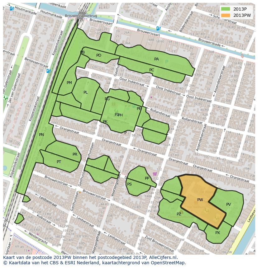 Afbeelding van het postcodegebied 2013 PW op de kaart.