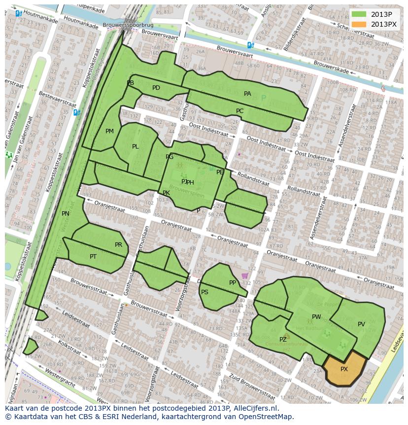 Afbeelding van het postcodegebied 2013 PX op de kaart.