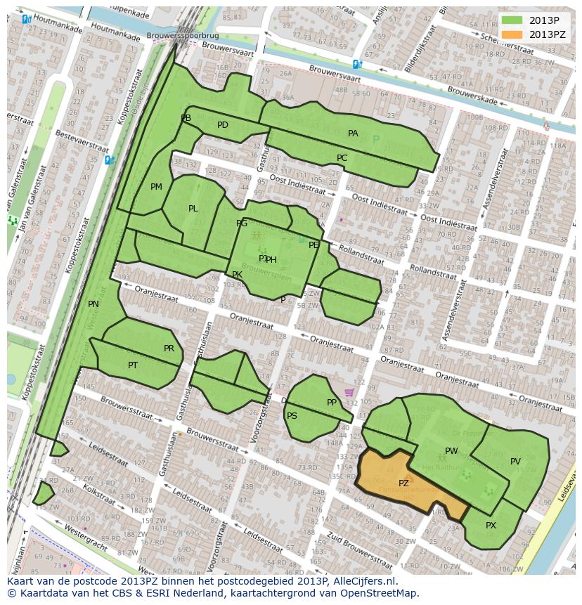 Afbeelding van het postcodegebied 2013 PZ op de kaart.