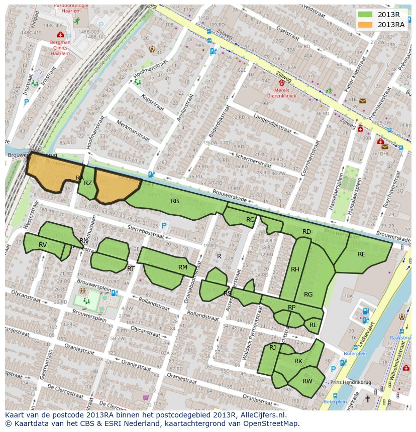 Afbeelding van het postcodegebied 2013 RA op de kaart.
