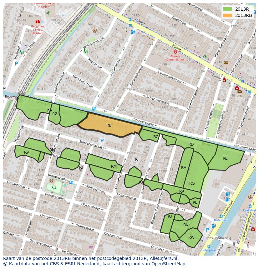 Afbeelding van het postcodegebied 2013 RB op de kaart.
