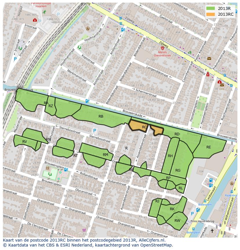 Afbeelding van het postcodegebied 2013 RC op de kaart.