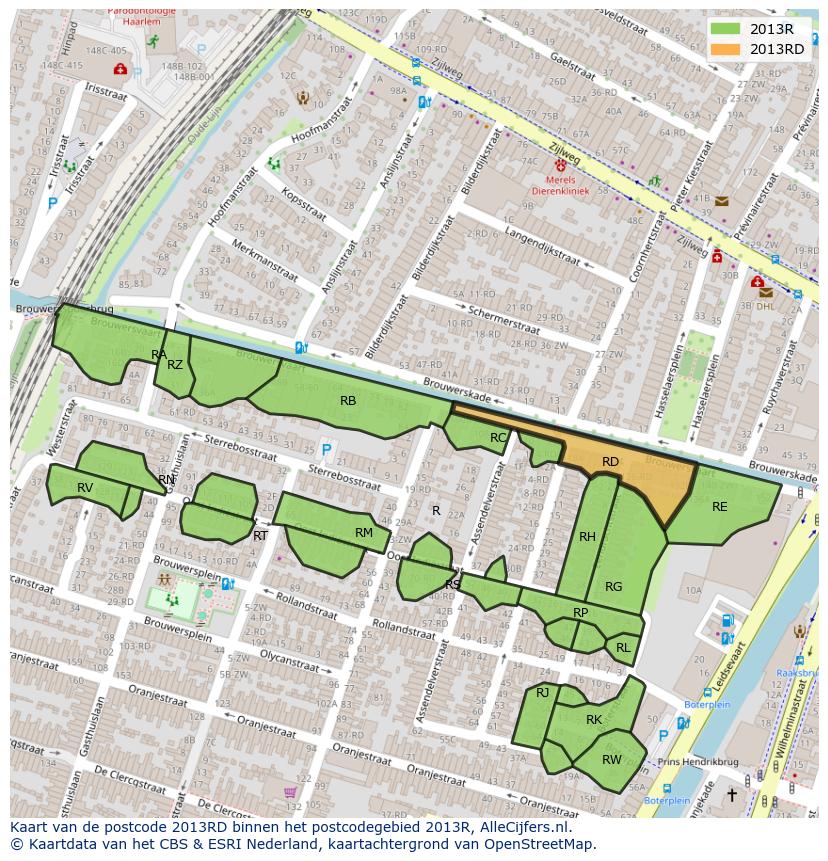 Afbeelding van het postcodegebied 2013 RD op de kaart.