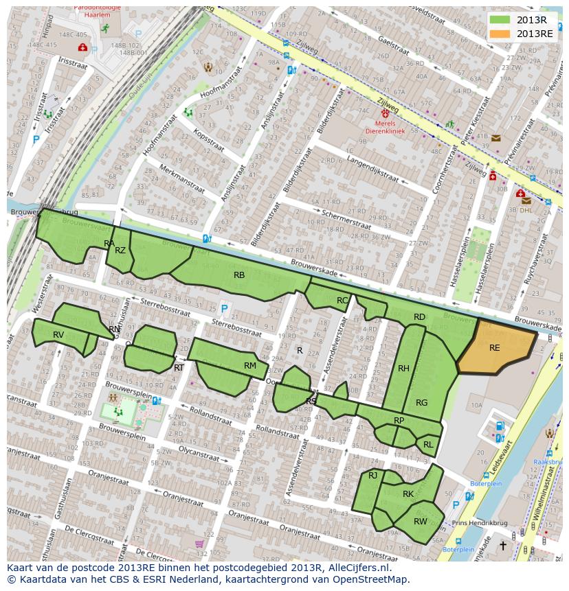 Afbeelding van het postcodegebied 2013 RE op de kaart.