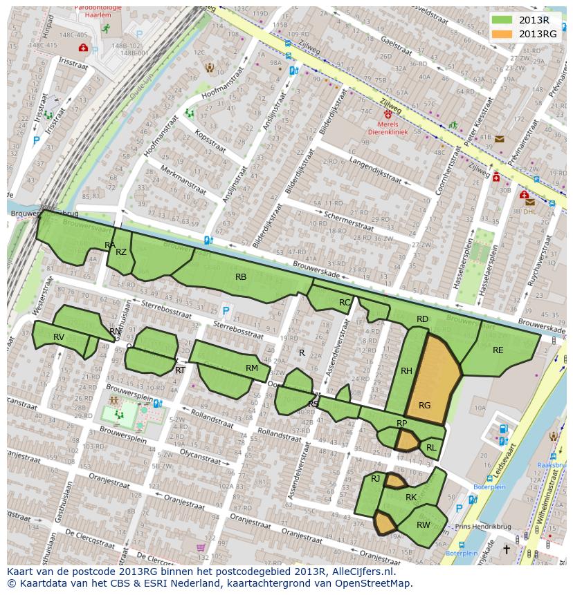 Afbeelding van het postcodegebied 2013 RG op de kaart.