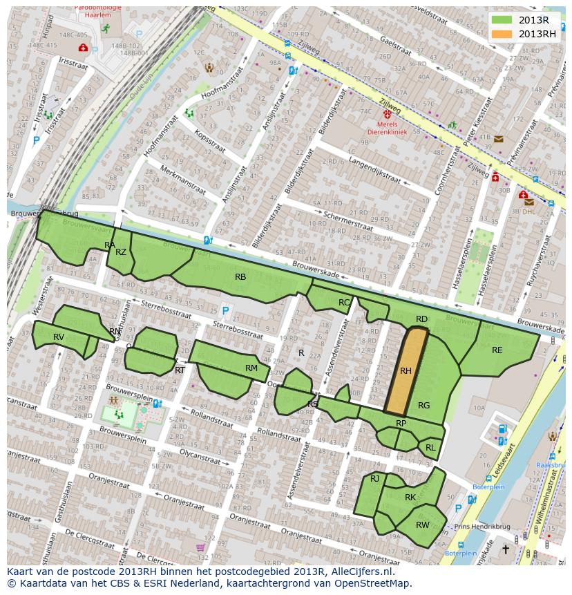 Afbeelding van het postcodegebied 2013 RH op de kaart.