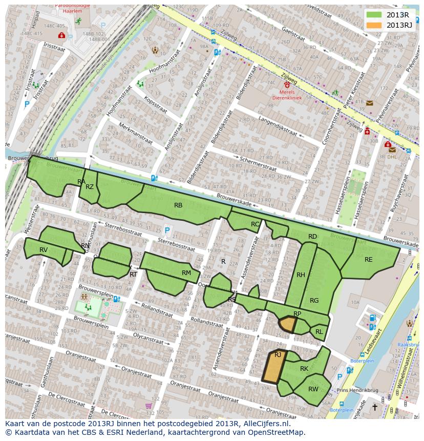 Afbeelding van het postcodegebied 2013 RJ op de kaart.