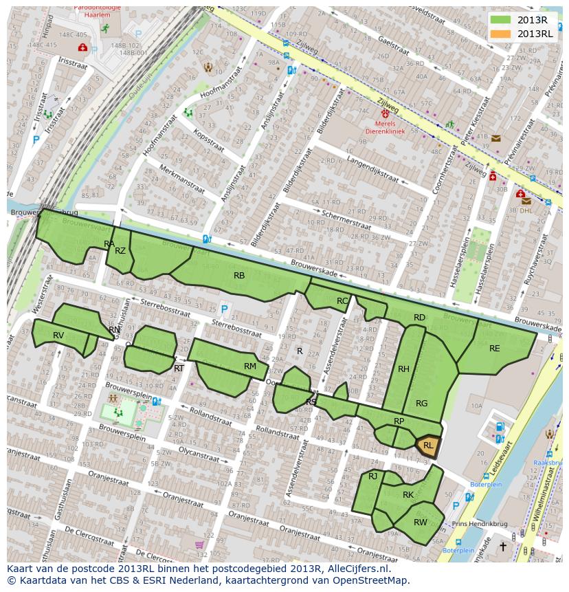 Afbeelding van het postcodegebied 2013 RL op de kaart.