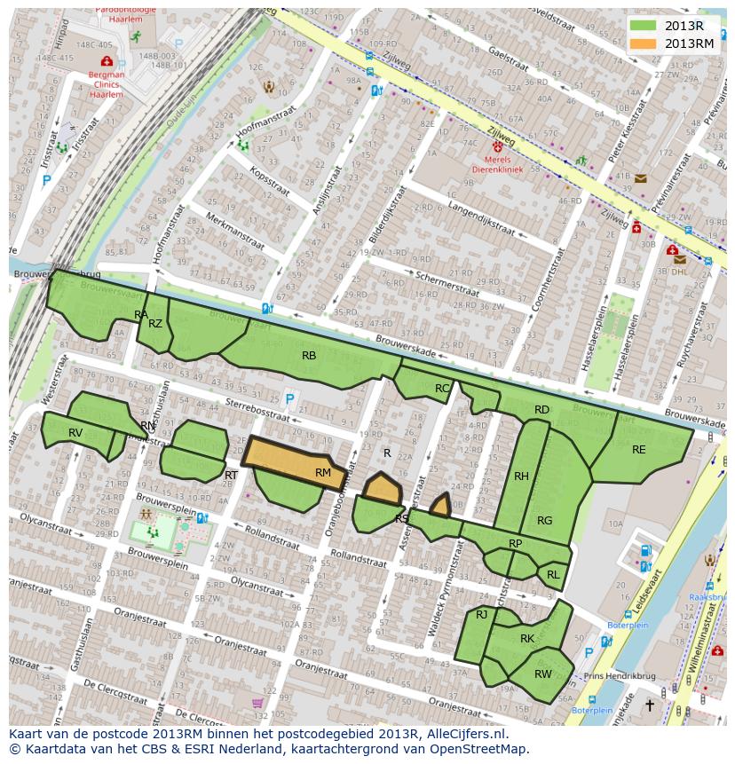 Afbeelding van het postcodegebied 2013 RM op de kaart.