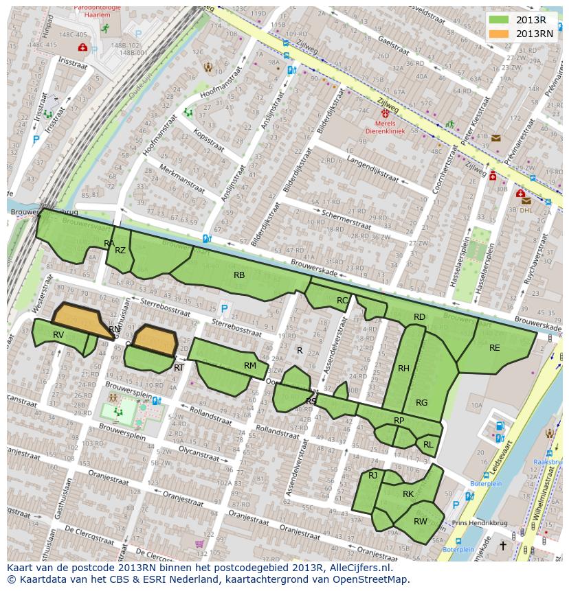 Afbeelding van het postcodegebied 2013 RN op de kaart.
