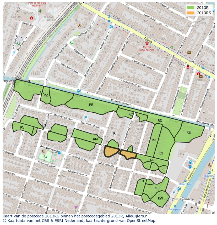 Afbeelding van het postcodegebied 2013 RS op de kaart.