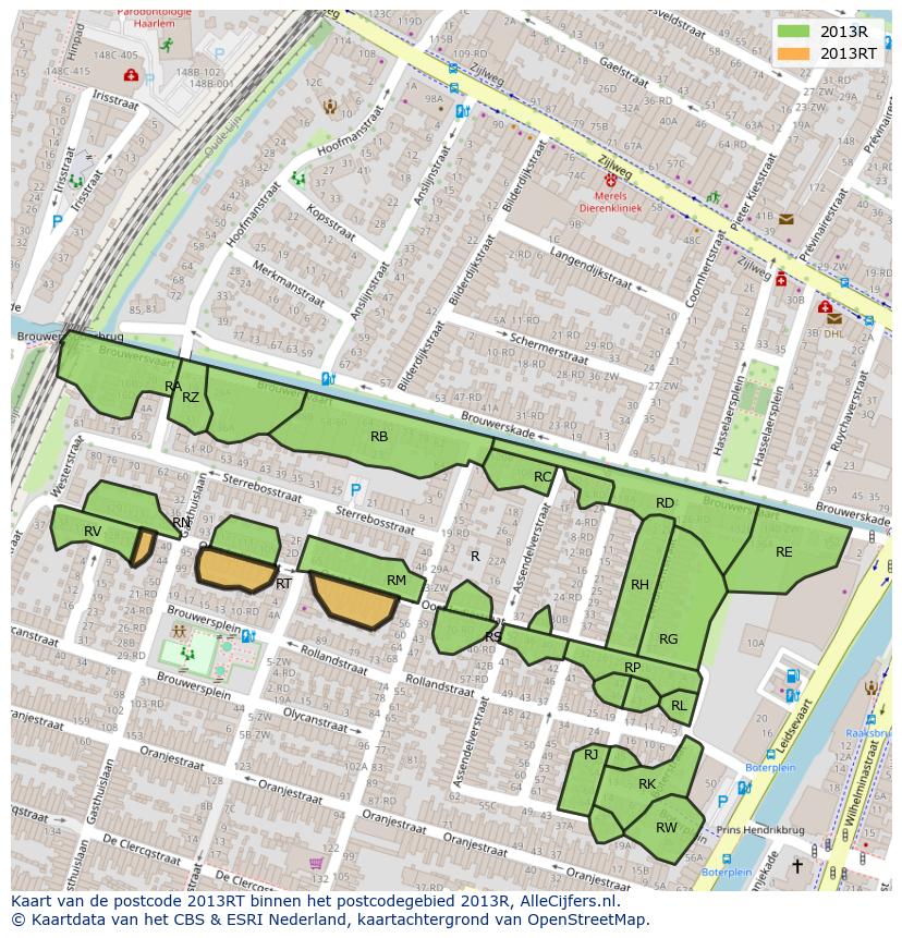 Afbeelding van het postcodegebied 2013 RT op de kaart.
