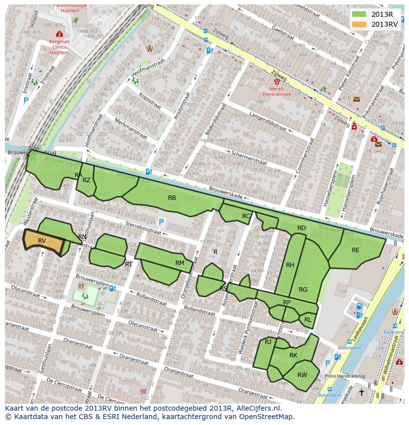 Afbeelding van het postcodegebied 2013 RV op de kaart.