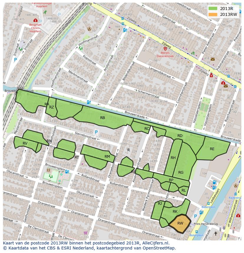 Afbeelding van het postcodegebied 2013 RW op de kaart.