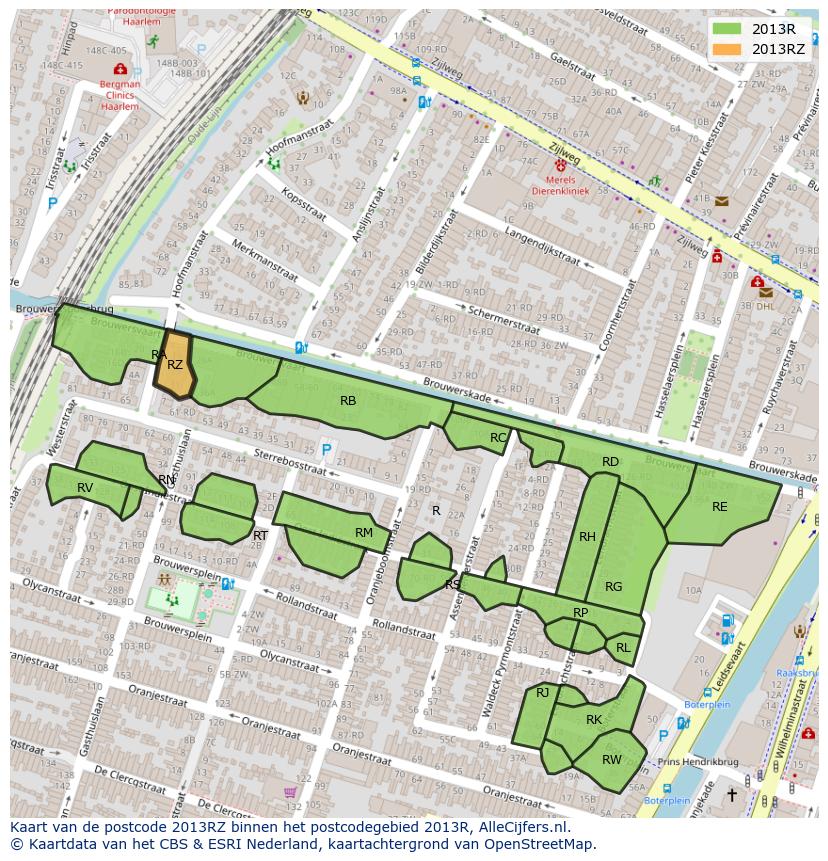 Afbeelding van het postcodegebied 2013 RZ op de kaart.