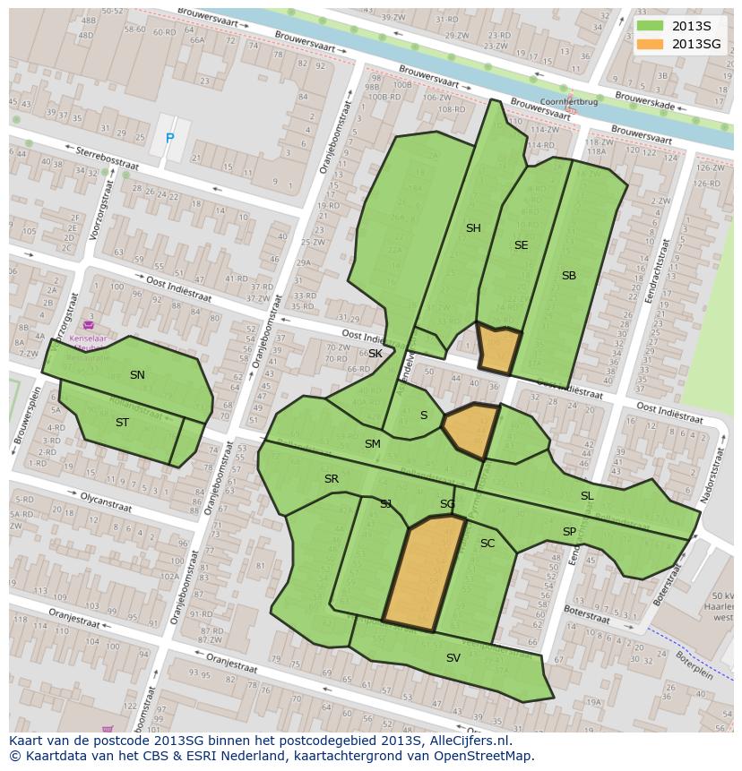 Afbeelding van het postcodegebied 2013 SG op de kaart.