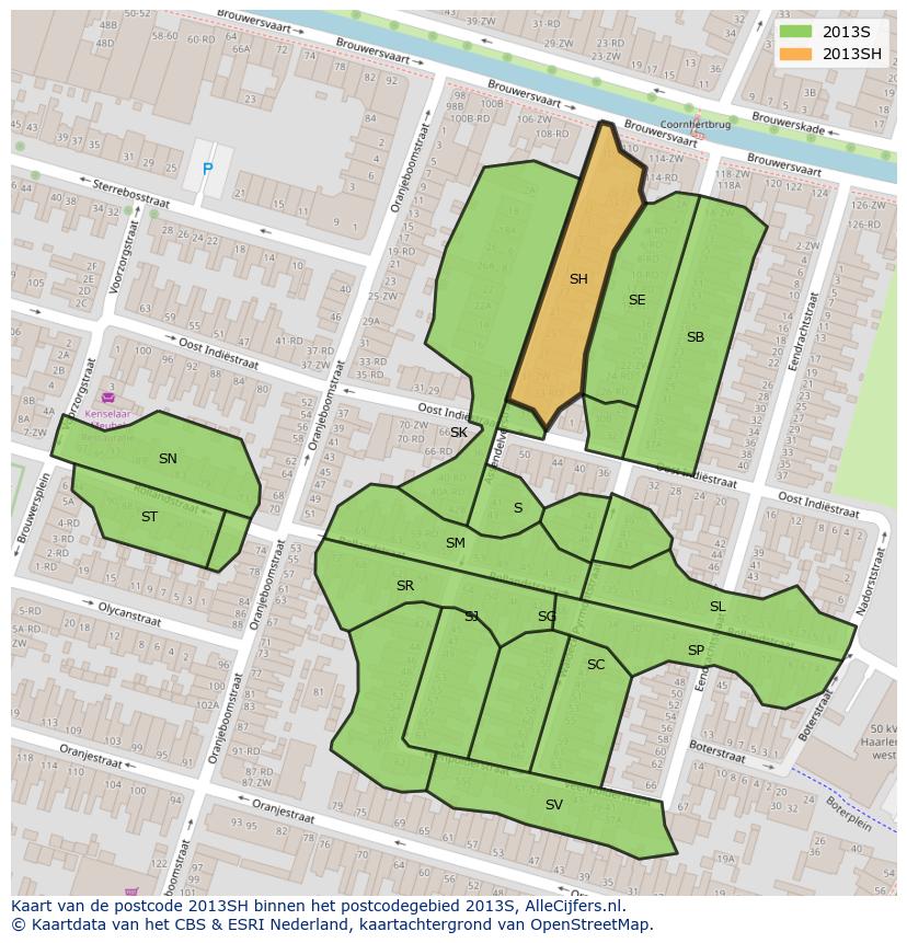 Afbeelding van het postcodegebied 2013 SH op de kaart.